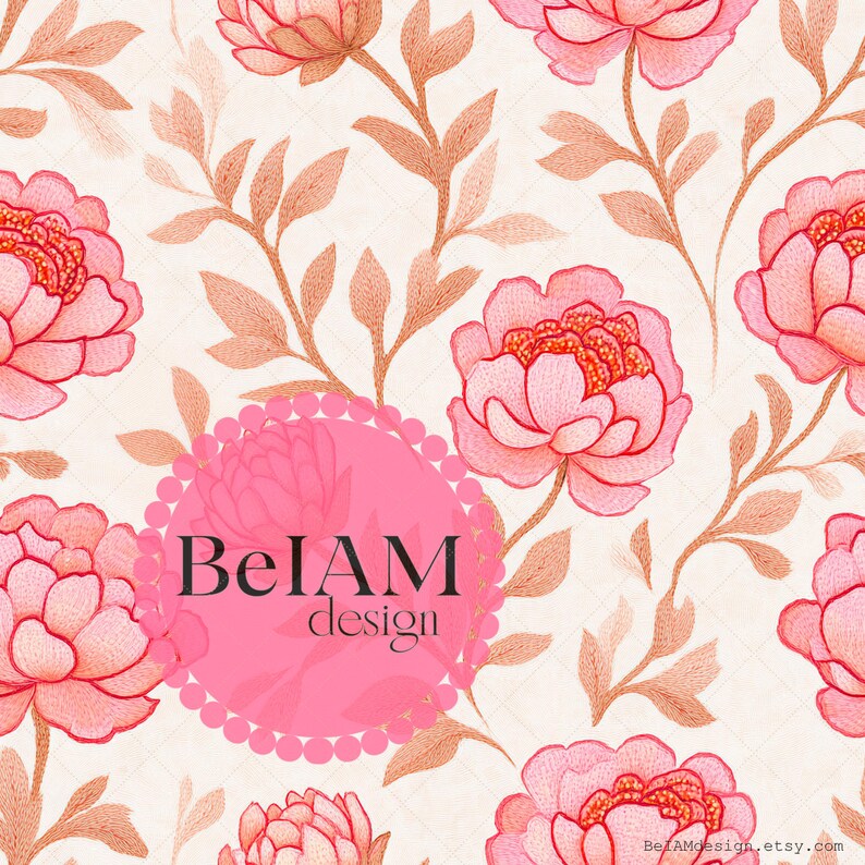 Pink Boho Peonies Seamless Pattern Repeating File for Fabric