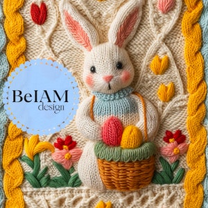 Gestrickte Osterhase und Osterkorb-Nahtlos-Wiederholungsdatei für Stoff-Sublimations-Digitalpapier-Faux Knit texturiertes Digitalpapier