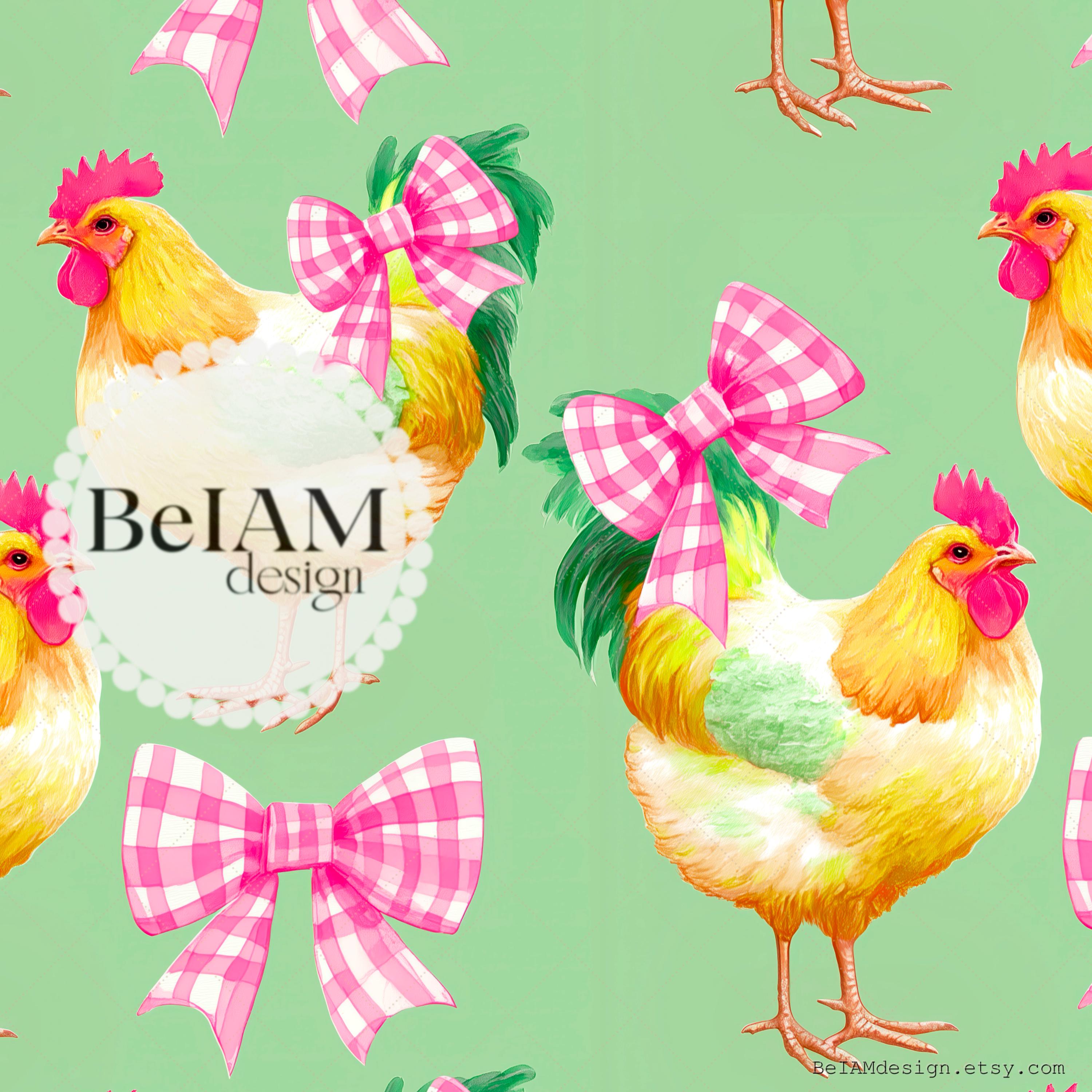 Cute Coquette Chickens Seamless Pattern Repeating File for Fabric Sublimation Pink Checkered Bows Digital Paper Custom Fabric Commercial Use