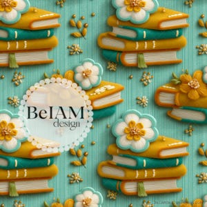 3D Floral Books Seamless Pattern Repeating File for Fabric Sublimation Book Lover Digital Paper Custom Fabric Commercial Use