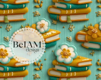 Floral Books 3D Seamless Pattern: Fabric Sublimation, Commercial Use (Digital Paper)