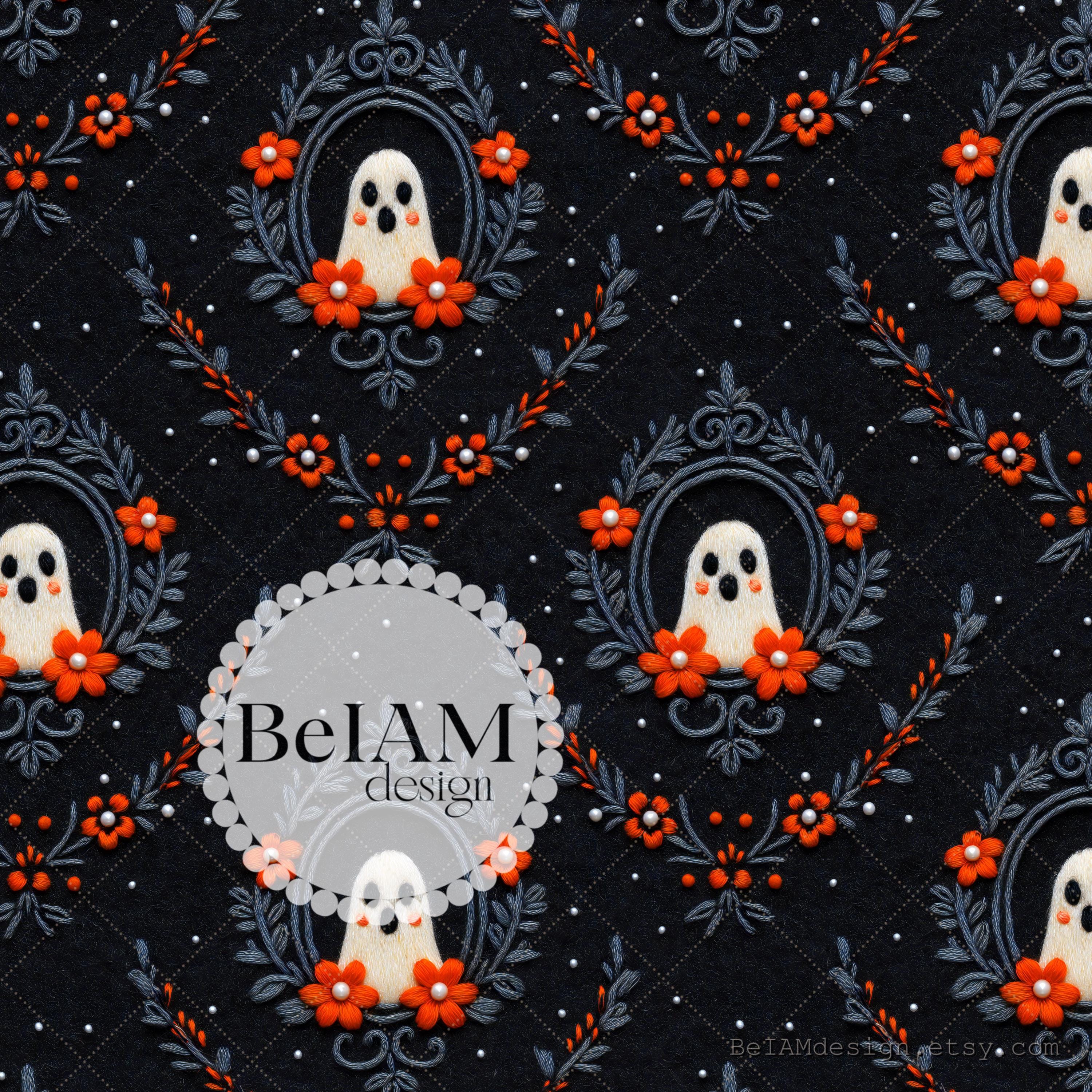 3D Boho Fall Floral Ghosts Seamless Pattern Repeating File Embroidery Effect Digital Paper Custom Fabric Commercial Use Digital Fabric File