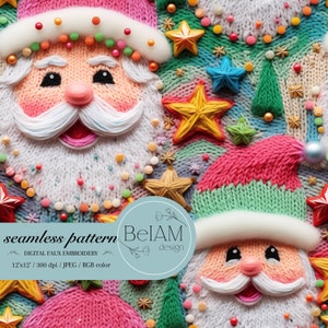Pastel Santa Nahtlose Datei Digitale Faux Stickerei Nahtlose Muster für Stoffdruck Digitales Papier Nikolaus Pullover Weihnachten Nahtlose Datei