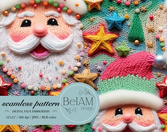 Pastel Santa Seamless File Digital Faux Embroidery Seamless Pattern for Fabric Printing Digital Paper Santa Sweater Christmas Seamless File