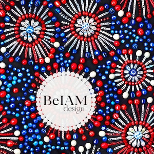 May include: A close-up of a fabric with a red, white, and blue beaded design. The fabric is covered in small beads that form a pattern of fireworks. The text "BelAM design" is in the center of the image.