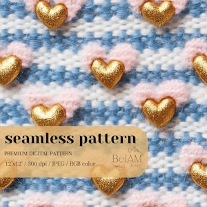 Valentinstag Muster, Gold Glitzer Muster Herzen, rosa gestrickte Herzen, Faux Textur Stoff, 3D Herz Muster Faux Stickdatei