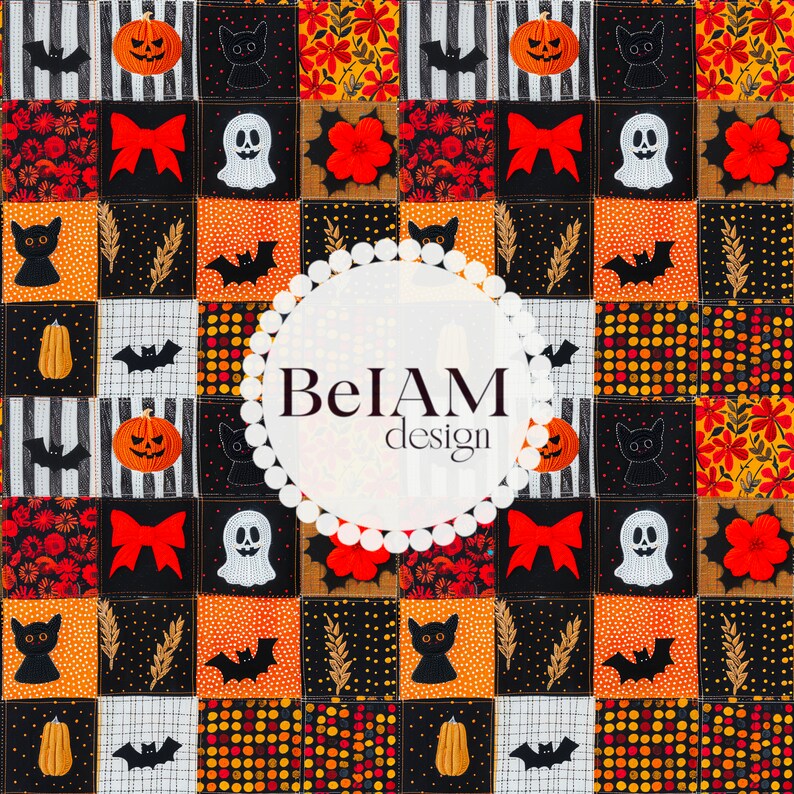 K&ouml;nnte beinhalten: Ein schwarz-wei&szlig;er Patchwork-Deckenbezug mit Halloween-Motiv. Der Bezug zeigt verschiedene Designs, darunter K&uuml;rbisse, Flederm&auml;use, Geister und Katzen. Der Bezug ist mit roten Schleifen und einem wei&szlig;en Kreis mit dem Text "BelAM design" verziert.