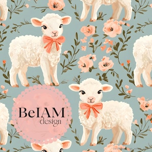 May include: A seamless pattern featuring white lambs with pink bows on a light blue background with pink flowers and green leaves. The text "BelAM design" is in a pink circle.