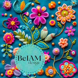 Wzór kwiatowy 3D z haftem bezszwowe powtarzające się pliki do sublimacji tkanin natychmiastowe pobieranie cyfrowy papier scrapbooking powierzchnia projekt dziennik