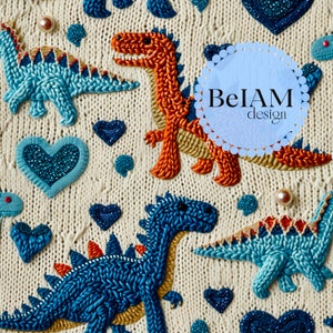 May include: A cream-colored knitted fabric with colorful embroidered dinosaurs and hearts. The dinosaurs are blue, orange, and green. The hearts are blue and have sparkly embellishments. The fabric has the text "BelAM design" in a blue circle.