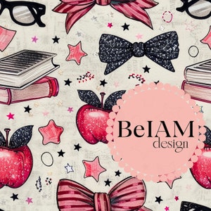 Bücher Bögen und Äpfel Schule Musterdesign-Wiederholungsdatei für Stoff Sublimation Back to School Digital Paper Scrapbook Wallpaper