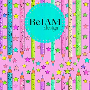 May include: A colorful pattern of glitter pencils and stars on a pink background. The text "BeIAM design" is in a circle in the center of the image.