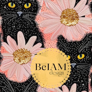 Sublimation de tissu de fichier de répétition de modèle sans couture de chat noir de paillettes d'or 3D. Daisy Black Cat Fall Papier peint numérique design à gobelet artisanal en papier artisanal