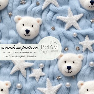 Faux Stickerei niedlichen Teddybär Nahtlose Datei für den Druck auf Stoff Weiß Teddybär Muster-Wiederholung Stoff-Design Bär Stickerei Nahtlos