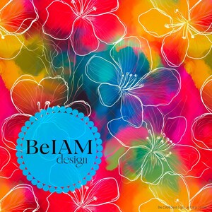 Archivo de repetición de patrón sin costuras de hibisco tropical colorido neón para sublimación de tela, papel digital navideño, diseño de vaso, papel tapiz