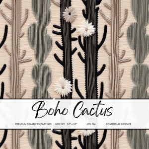 Boho Cactus Embroidery Seamless File Cacti Embroidery for Printing on Fabric Boho Cactus Print Faux Embroidery Cactus Seamless Pattern