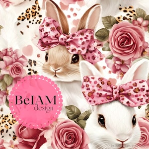 Könnte beinhalten: Zwei süße Kaninchen mit rosa Schleifen und Leopardenmuster-Akzenten, umgeben von rosa Rosen und weißen Herzen. Die Kaninchen befinden sich auf einem weißen Hintergrund mit dem Text "BelAM design" in einem rosa Kreis.