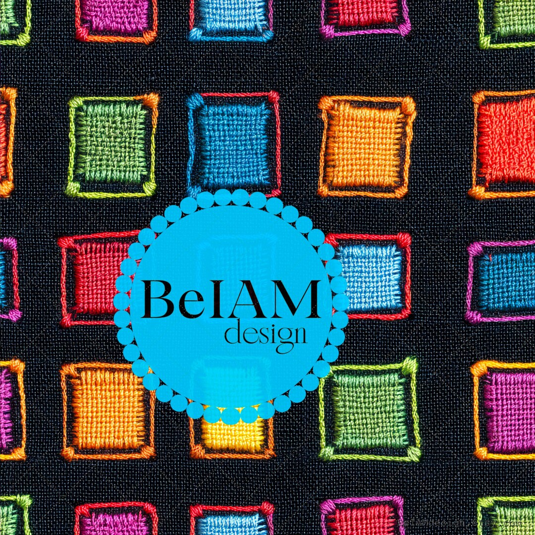 Square Pattern Fabris Colorful Squares Faux Embroidery Pattern: Fabric Sublimation Design ...