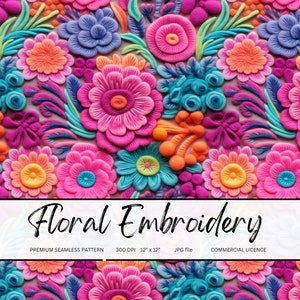 May include: A seamless pattern featuring a colorful floral embroidery design. The pattern is made up of various flowers, leaves, and swirls in shades of pink, blue, green, yellow, and orange. The design is intricate and detailed, with a 3D effect.