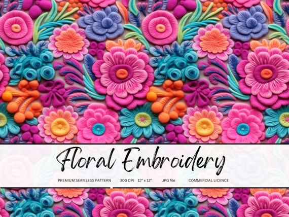 Faux Embroidery Floral Seamless Pattern: Preppy Fabric Print (Digital File)