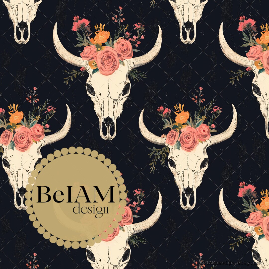 Floral Cow Skull Seamless Pattern: Boho Western Fabric Print (digital ...