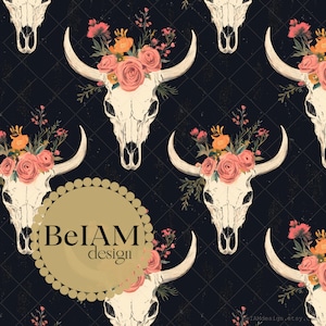 Floral Boho Western Cow Skull Seamless Pattern Repeat File for Fabric Sublimation Boho Western Digital Paper Custom Fabric Print Background