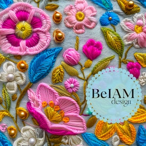 3D プレッピー フローラル 刺繍 シームレス パターン 繰り返しファイル ファブリック昇華用 ダウンロード デジタル ペーパー スクラップブック 表面デザイン 壁紙