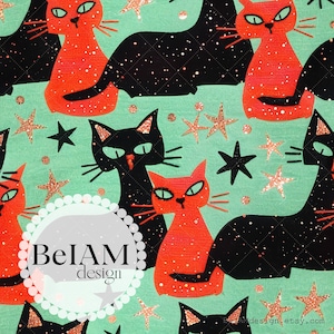 Fichier répétitif motif chats rétro Halloween pour sublimation de tissu étoiles fantasmagoriques papier numérique tissu personnalisé usage commercial