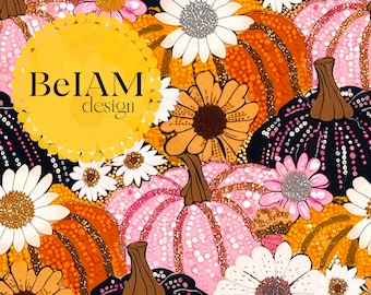 Glittery Fall Floral Pumpkin Seamless Pattern (Digital Download)
