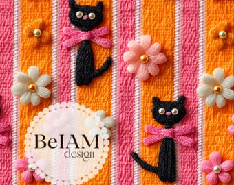 3D Retro Black Cat Seamless Pattern: Halloween Fabric Sublimation (Digital)