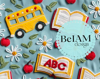 3D School Bus Faux Embroidery Seamless Pattern Repeating File for Fabric Sublimation Back to School Digital Paper Design Tumbler Wallpaper