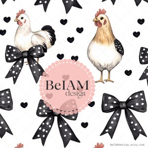 Farmhouse Chickens Bows Seamless Pattern Repeating File for Fabric Sublimation Neutral Chicken Digital Paper Custom Fabric Print Background