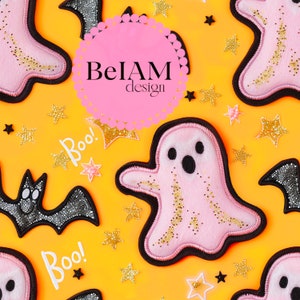 Cute Orange And Pink Retro Neon Halloween Seamless Pattern Repeating for Fabric Sublimation Download Digital Paper Surface Design Wallpaper