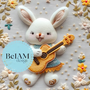 3D süßer Hase, der Gitarre spielt, nahtloses Muster, sich wiederholende Datei, 4 Stoffsublimation, sofortiger Download, digitales Papieroberflächendesign, floral