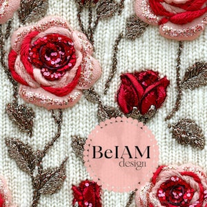 May include: Close-up of a cream-colored fabric with embroidered red and pink roses. The roses have sequin centers and are surrounded by brown embroidered leaves and stems. The design includes the text "BeIAM design" in a pink circle.