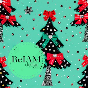 Albero di Natale scintillante Coquette Modello senza cuciture Ripeti file Tessuto Sublimazione Albero di Natale Carta da parati artigianale con design a bicchiere digitale