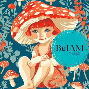 Modèle sans couture de fille champignon rétro, fichier répétitif, sublimation de tissu, téléchargement immédiat, papier peint design pour scrapbooking, papier peint