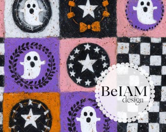 Retro Halloween-patchworkpatroon: 3D-geruite spookstof (digitaal JPEG-bestand)