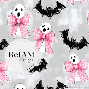 Pink Bows Spooky Cute Seamless Pattern Repeating File for Fabric Sublimation Cute Halloween Digital Paper Custom Fabric Commercial Use