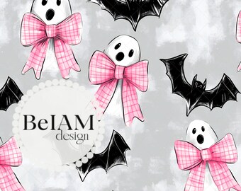 Pink Bows Spooky Ghosts Seamless Pattern, Halloween Fabric (JPEG File)