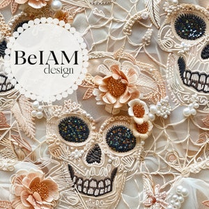 Motif sans couture de broderie tête de mort vintage 3D fichier répétitif sublimation de tissu Halloween papier numérique Scrapbook Surface Design papier peint