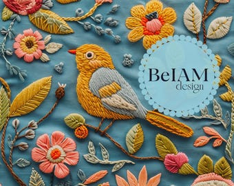 3D Cottagecore Blumen Vögel Nahtlose Muster-Wiederholungsdatei für Faux Stickerei Digitales Papier Digitale nahtlose Datei