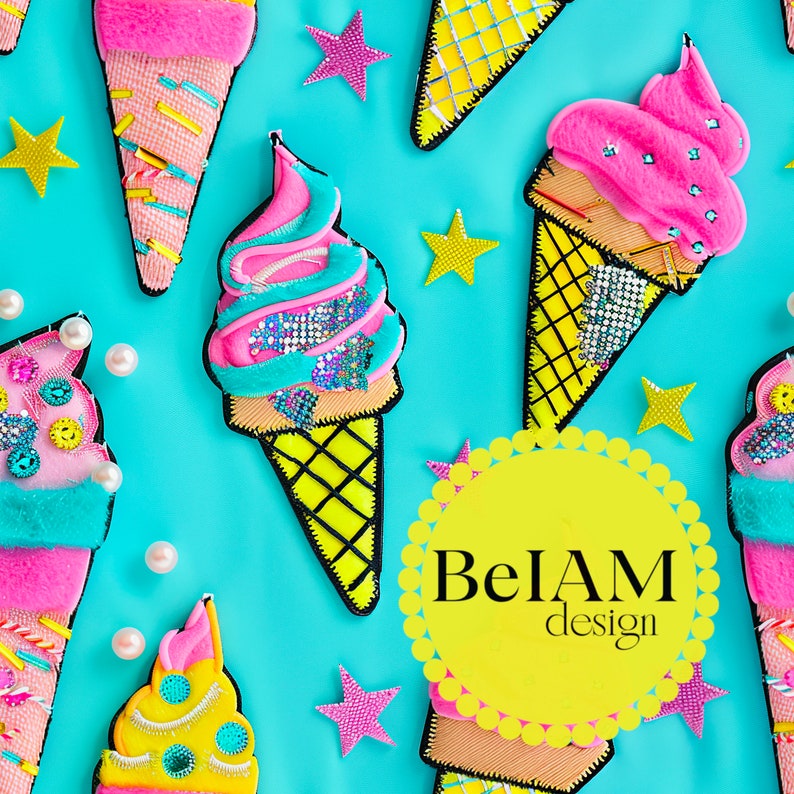 May include: Assortment of colorful ice cream cone patches with a yellow circle with the text "BeIAM design" in the center. The patches are on a light blue background.