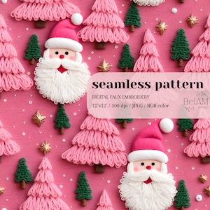 May include: A seamless pattern digital embroidery design featuring a pink background with white snowflakes, gold stars, and green and pink Christmas trees. There are also two Santa Claus figures with white beards and red hats. The text "seamless pattern", "DIGITAL FAUX EMBROIDERY", "12'x12' / 300 dpi / JPEG / RGB color", "BelAM design" is included in the image.