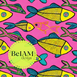 Patrón sin costuras de traje de baño de peces de neón, archivo repetido para sublimación de tela, papel digital tropical seguro para nadar, fondo de impresión de tela personalizado
