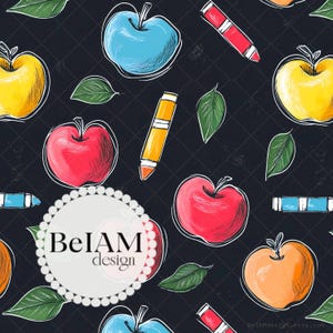 Blackboard Chalk School Seamless Pattern Repeating File for Fabric Sublimation Apples Crayons Digital Paper Custom Fabric Print Background