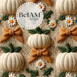 May include: A beige knitted fabric with embroidered white pumpkins, green leaves, and orange bows. The fabric has a repeating pattern and the text "BelAM design" is in the center.