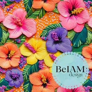 Archivo de repetición de patrón sin costuras de hibisco tropical de neón para sublimación de tela, papel digital de playa, fondo de impresión de tela de traje de baño personalizado