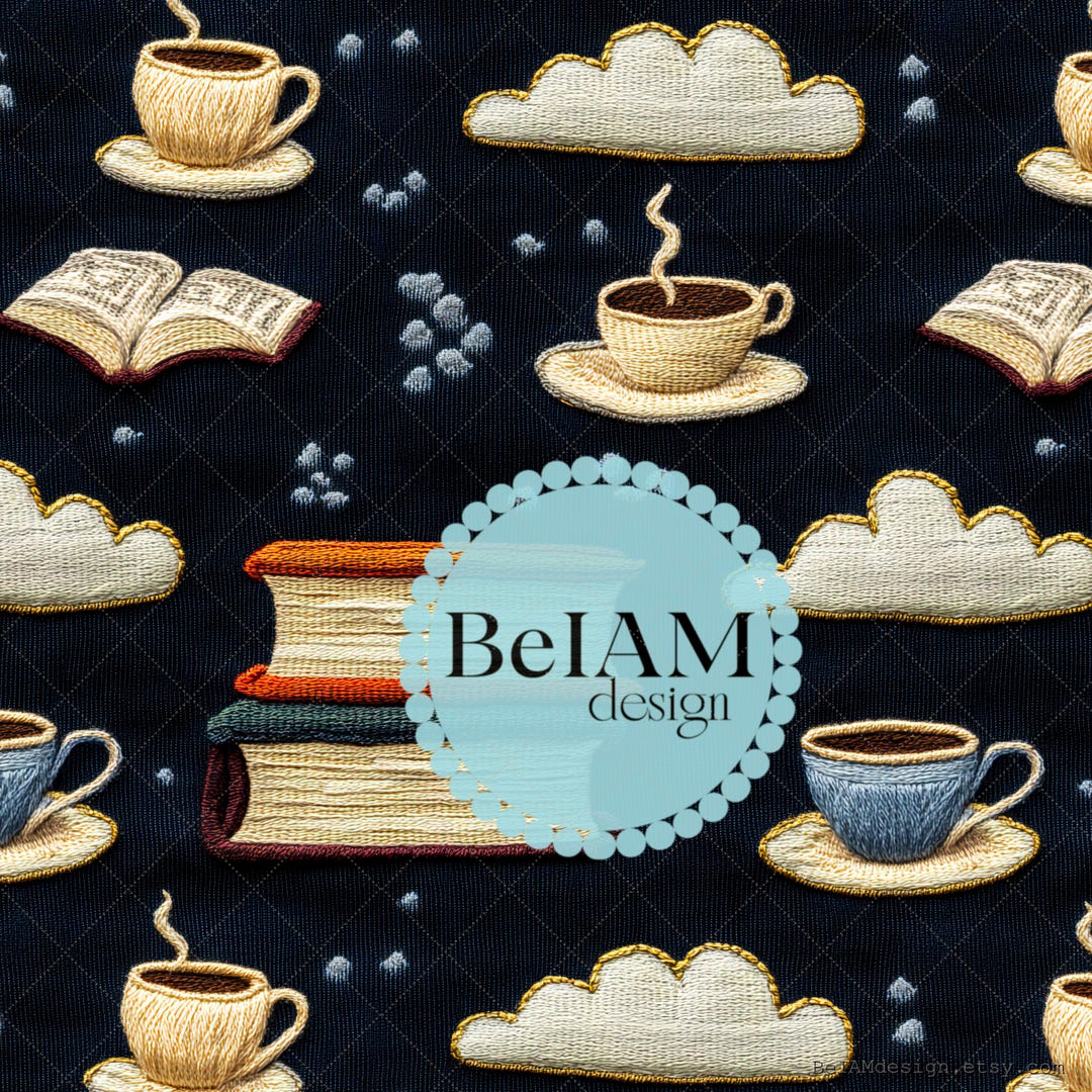 Elol Pattern Books and Coffee Seamless Pattern: Bookish Fabric Print (digital ...