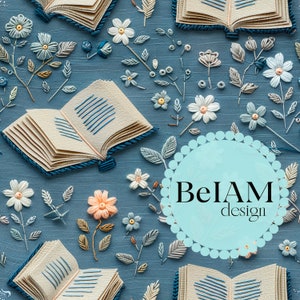 Embroidery Floral Books Seamless Pattern Repeating File Fabric Sublimation Download Digital Paper Scrapbook Surface Design Tumbler Wallpaper
